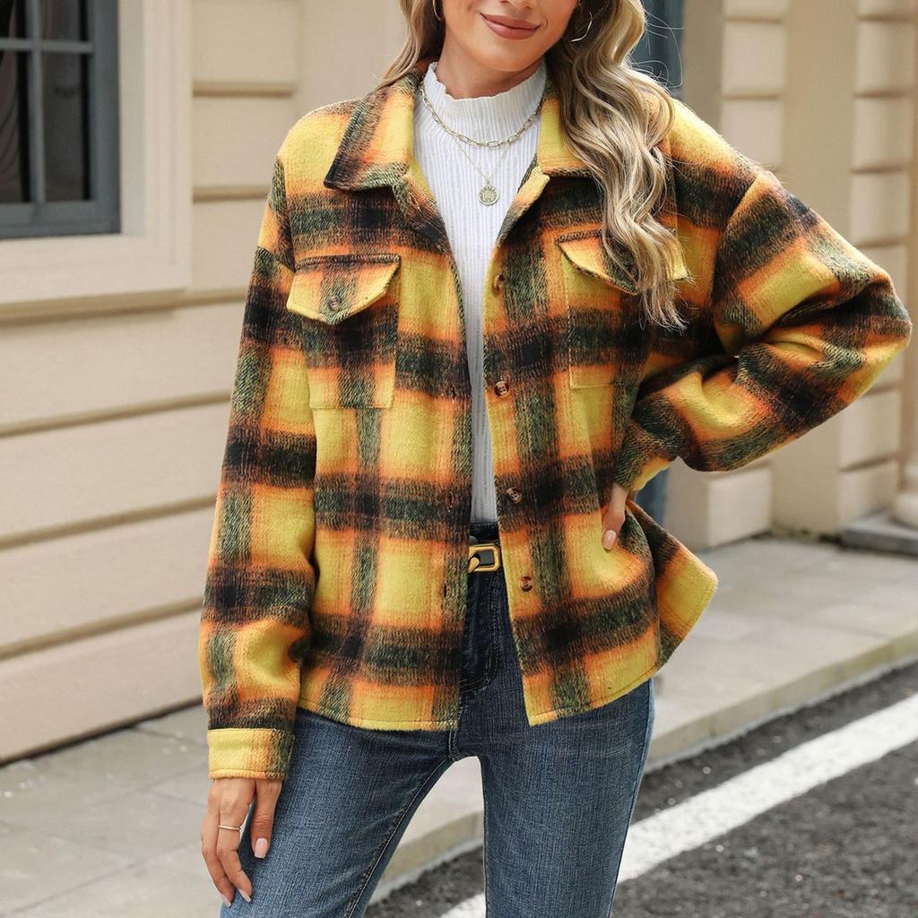 Женская свободная повседневная клетчатая шерстяная куртка с длинными рукавами и лацканами, модная куртка