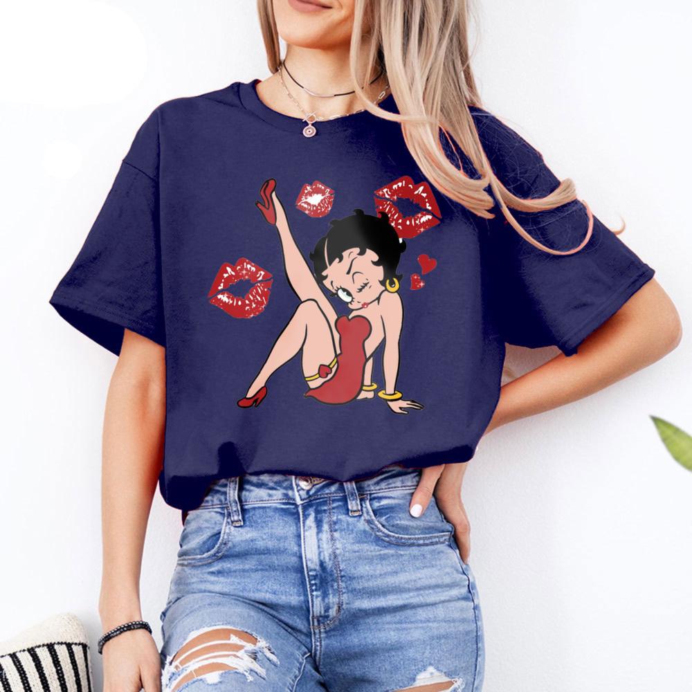 Футболка с принтом Betty Boop Серия 'Сексуальный стиль' Подарок для поклонника Betty Boop Футболка Женская Хлопок Короткий рукав Классическая Мультяшная рубашка