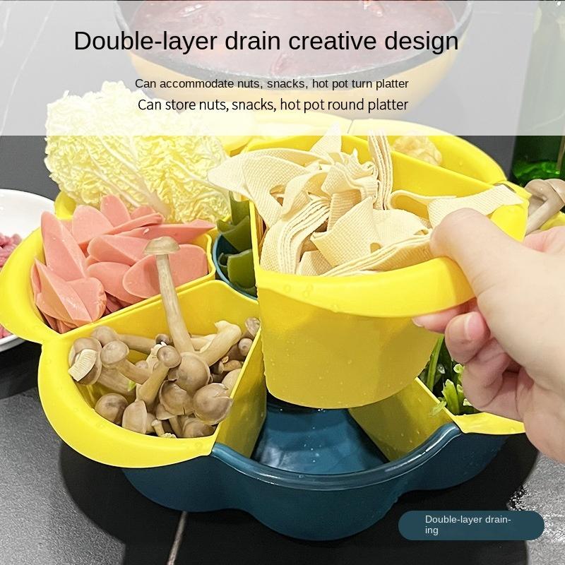 Large Capacity Drain Plastic Vegetable Basket Rotating Creative Home Pot Plate Double Kitchen Food Platter Vegetable Basket