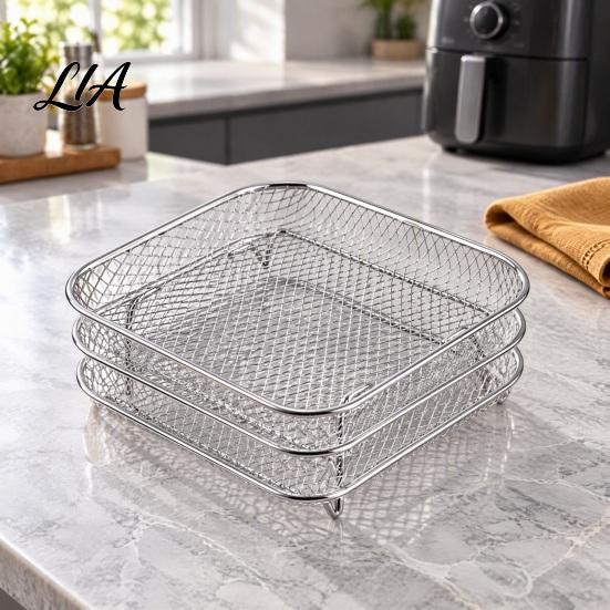 Heat Resistant Air Fryer Insert Stackable Rack, 304 Stainless Steel Multi-Layer Grill Stand with Fine Oil Draining Racks Mesh, 3 Shapes