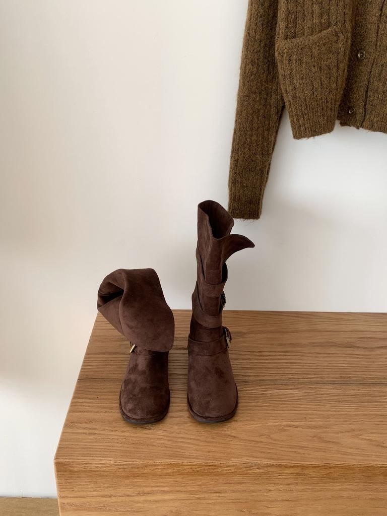 Coarse heel French retro western cowboy boots women's boots 2025 new mid-tube stack knight boots