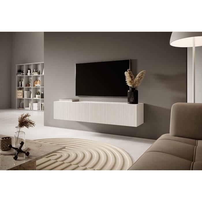 Meuble TV - VELDIO - 140 cm blanc avec façade fraisée