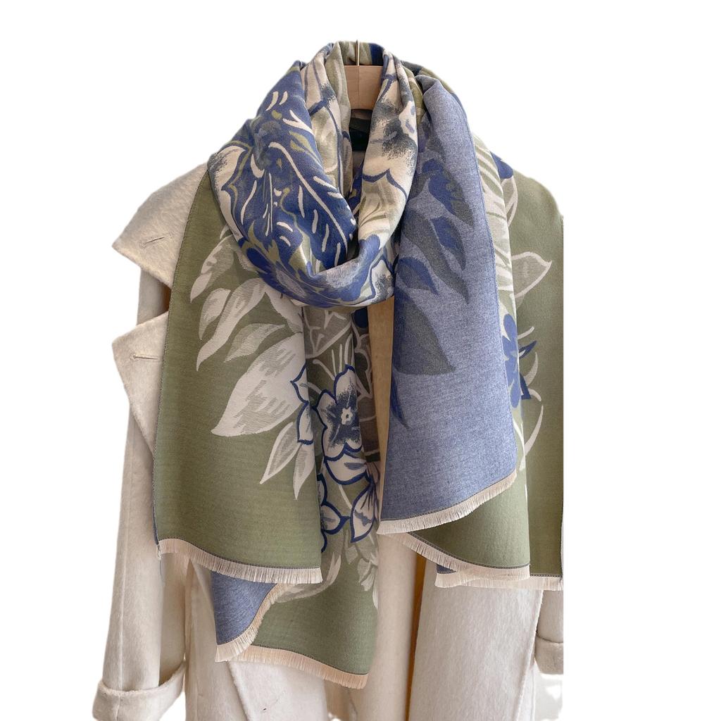Double-Sided Imitation Cashmere Printed Scarf Women'S Warm Thickened Fringed Scarf Flower Blooming Rich Long Fashion Versatile Shawl