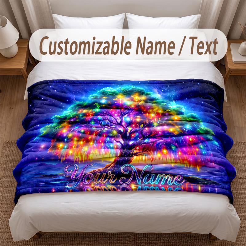 Tree of Life Theme Soft Blanket Personalized Custom Name Text Print Warm Blanket Home Sofa Bedroom Decor