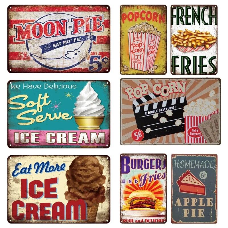 Tin Sign FastFood Pizza Hot Dog Hamburgers Ice Cream Fries Pop Corn Metal Vintage Plaque Metal Retro Plate Kitchen Wall Decor