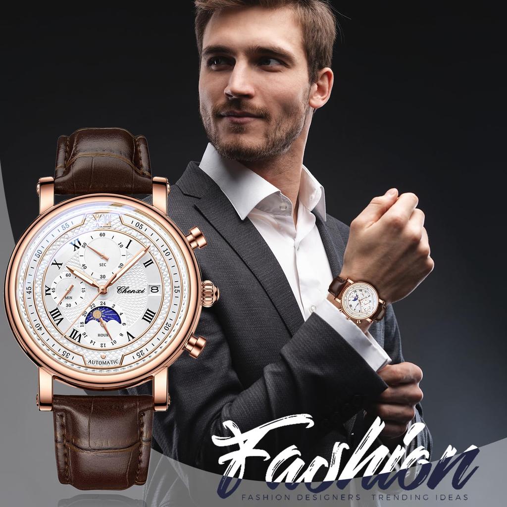 Genuine Leather Strap Waterproof Roman Alphabet Analog Luminous Stopwatch Calendar Small Seconds Quartz Watch Daily Life Commuting Day Birthday