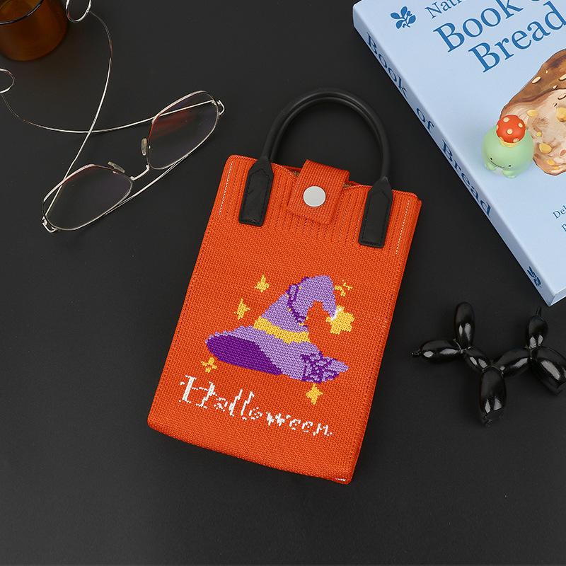 Halloween Themed Knitted Handbag Cartoon Ghost Pumpkin Print Shoulder Crossbody Bag Women Casual Phone Pouch Halloween Gift Bag