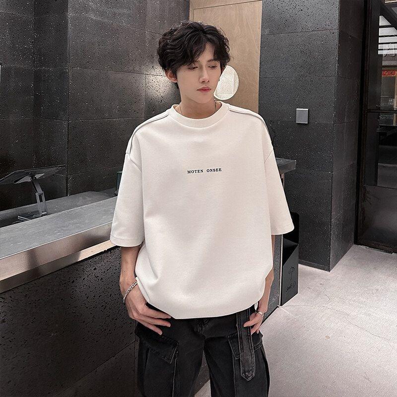 Мужская черная футболка Streetwear Стиль Короткий рукав Принт с буквами Повседневная Свободный крой Верх
