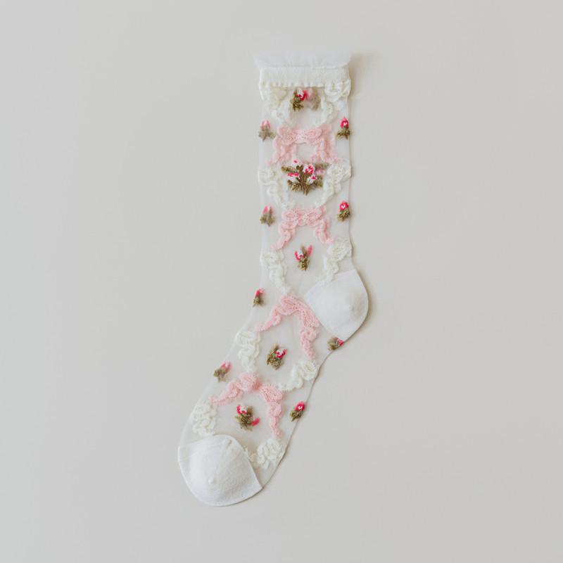 WJN New Women Flower Sock Summer Lace Crystal Glass Silk Socks Short Thin Transparent Roses Jacquard Elastic Ultra Thin Socks