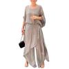 Women's Casual Two Piece Chiffon Set Plus Size Mother of Bride Dressy Suit Crew Neck Top Wide Leg Pant Flowy Wedding Guest Outfit