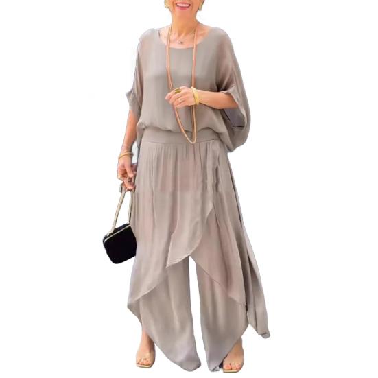 Women's Casual Two Piece Chiffon Set Plus Size Mother of Bride Dressy Suit Crew Neck Top Wide Leg Pant Flowy Wedding Guest Outfit