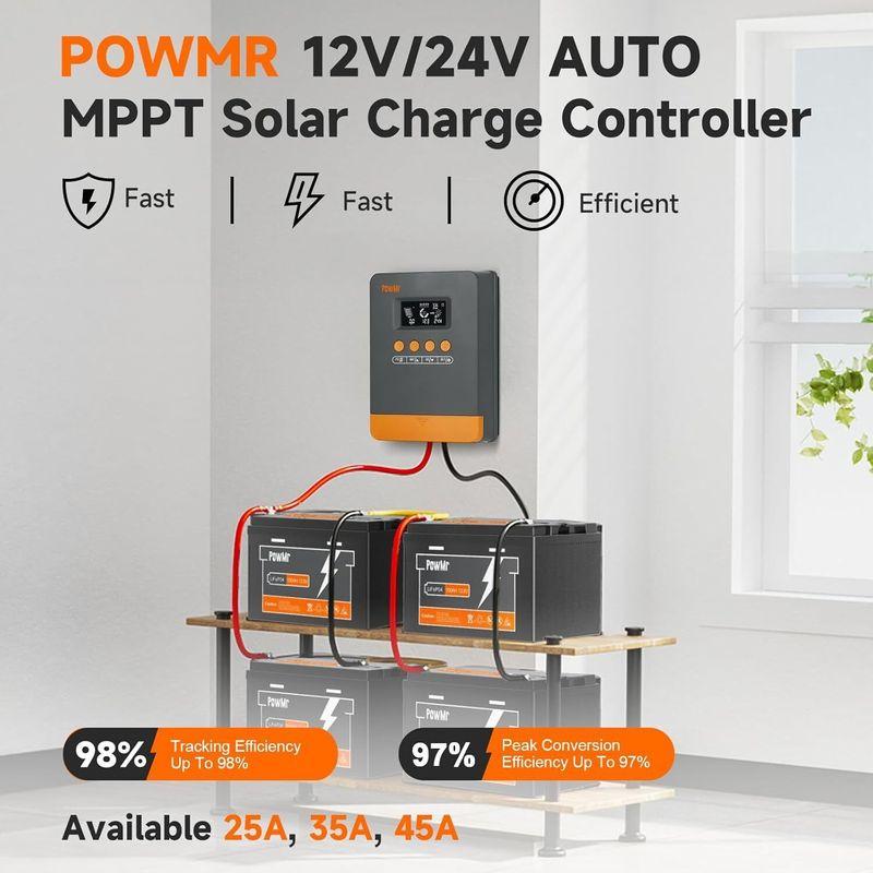 PowMr 25A/35A/45A MPPT Контроллер заряда солнечных батарей для 12V/24V Литиевой батареи LCD Регулятор 100VDC Солнечная панель Двойной USB Контроллер