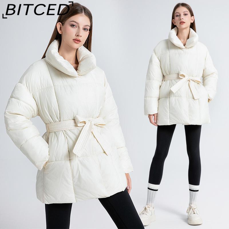 BITCED Укороченная хлопковая куртка Зимняя Свободного кроя Повседневная Теплая Стойка воротник С поясом Хлопковая куртка