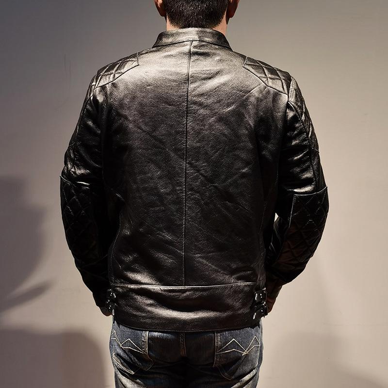 Мужская куртка из натуральной овчины, с воротником-стойкой, косой ромбовидный узор, повседневный мотоциклетный стиль