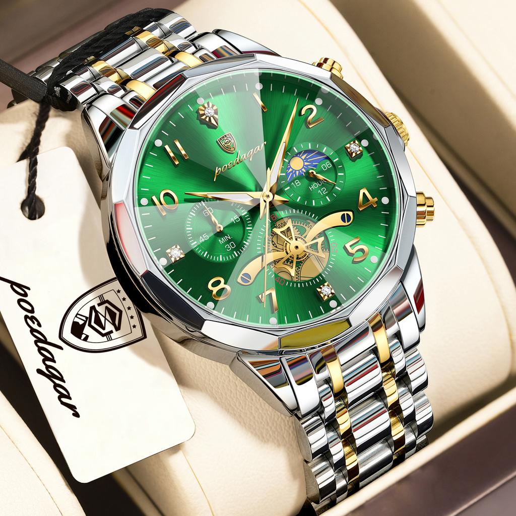 POEDAGAR Top High Quality Man Wristwatch Chronograph Stainless Steel Fashion Men's Quartz Watches Waterproof Luminous Men Clock