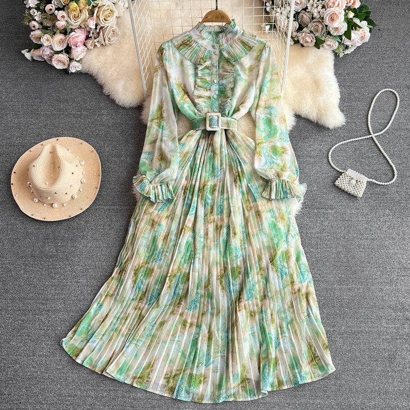 Retro Graceful Stand Collar Speaker Long Sleeves Elegance Dress