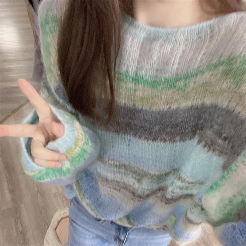 Нежный ветер Цветовое столкновение Полосатый свитер Женский Тонкий свитер Ранняя осень и Зима Носить Топ Сладкий Пуловер Тренд