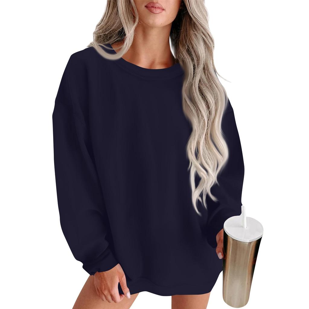 Women's Fashion Round Neck Solid Color Long Sleeve Basic Sweatshirt Top