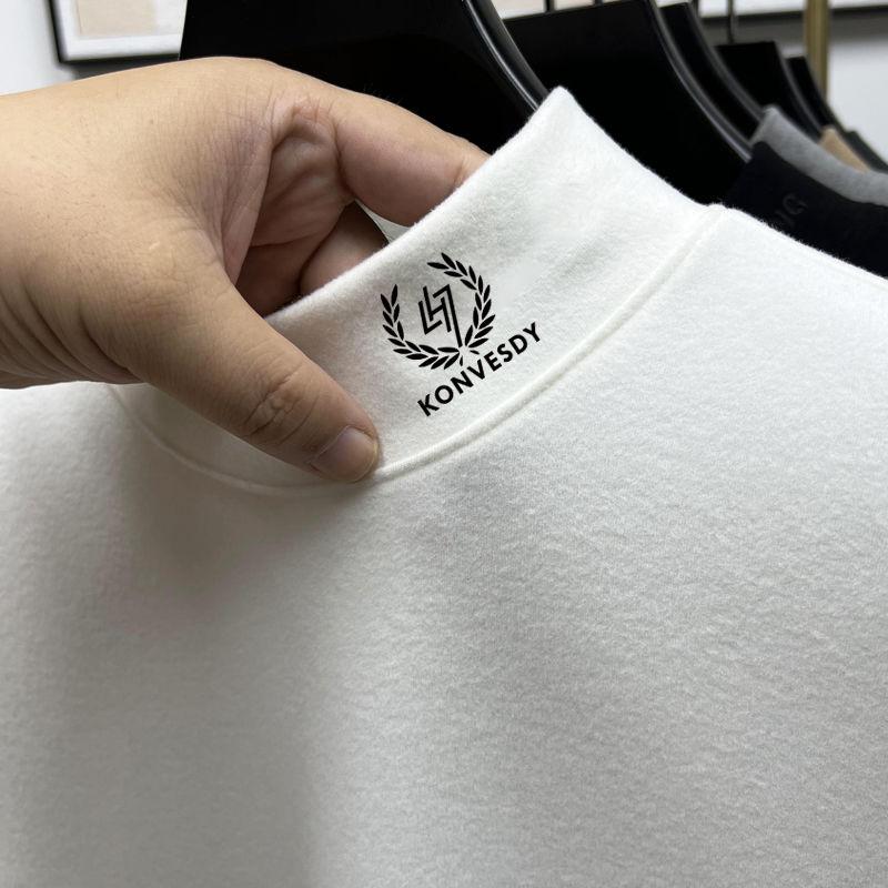 Autumn Winter Half Collar Solid Color Bottoming Tees Men Long Sleeve Add Velvet Casual Fashion T-shirt Male Pullover Top Homme