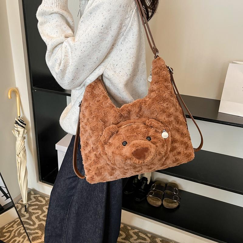 Большая вместимость мультяшный плюшевый рюкзак женская зимняя мода милый медведь сумка через плечо многофункциональная сумка-тоут