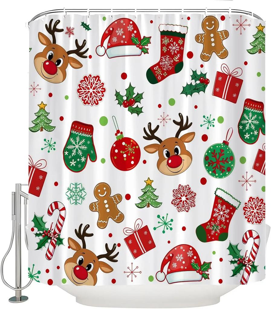Christmas Shower Curtain Cute Reindeer Cookies Snowflake Red Green Xmas Balls Pine Tree Candy Holly Berry Winter Holiday Happy