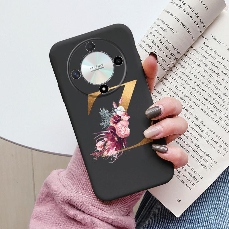 Чехол для телефона с буквой для Honor X9b X9a Magic5 Lite Magic6 Lite 5G Чехол Ретро Цветы Розовый Черный Мягкий ТПУ Силиконовый с инициалами Fundas