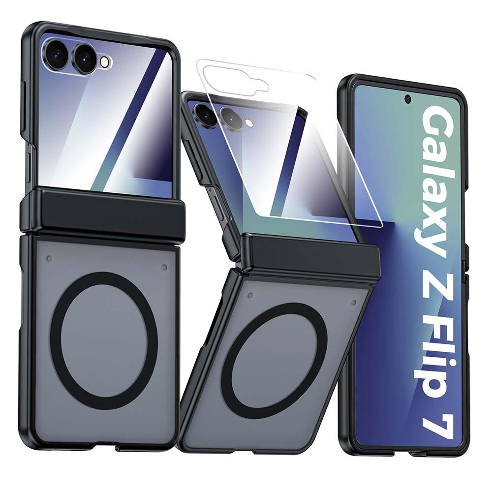 Чехол для Samsung Z Flip7 с откидным магнитным кольцом и встроенной защитой экрана