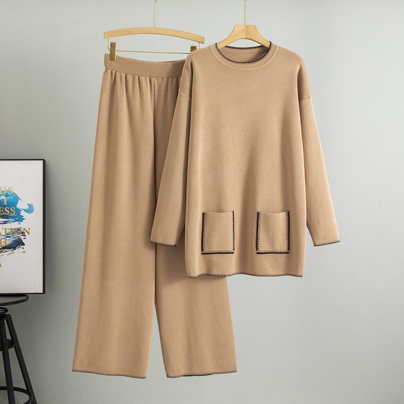 Плюс Размер Женская Весна Новый Трикотажный Модный Длинный Свитер Свободный Комплект Из Двух Частей