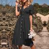 2024 Summer European & American Women's Cotton Linen V-Neck Dress with Buttoned Short Sleeves