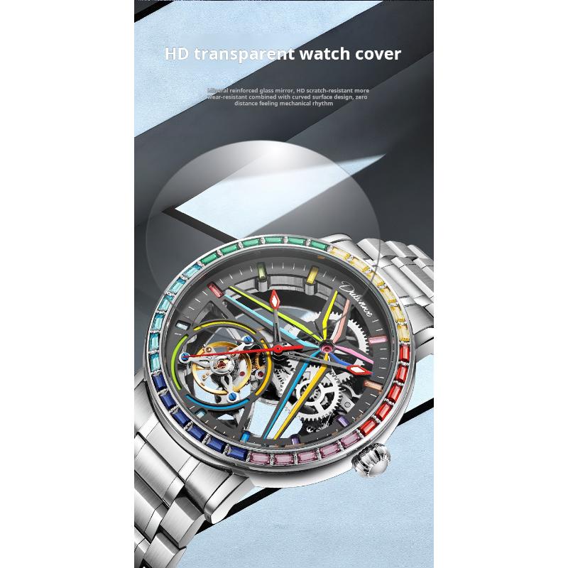 Dulunwe Радужные драгоценные камни турбийон модные часы скелетон мужские водонепроницаемые 30M спортивные часы роскошные автоматические механические наручные часы