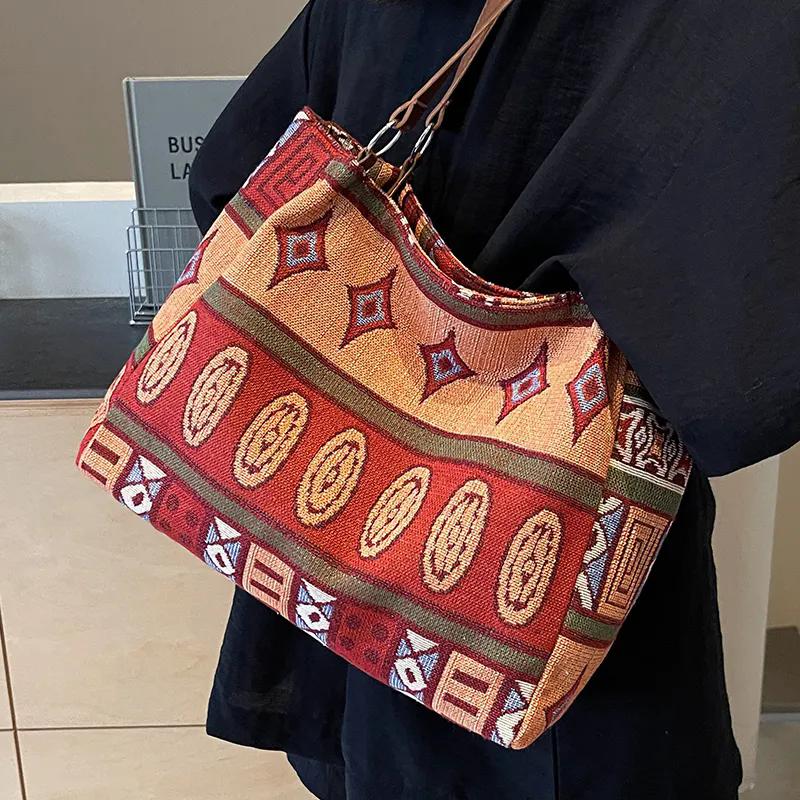 WTEMPO Этнический стиль Большие вместительные холщовые сумки Повседневные универсальные сумки через плечо Женские сумки для поездок на работу с принтом