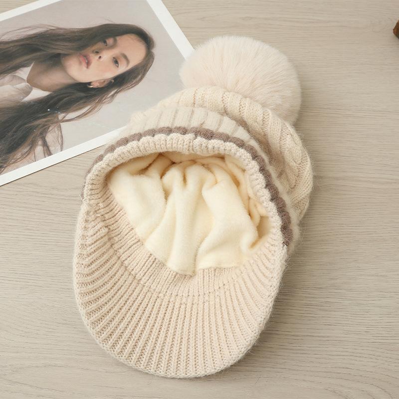 Корейская версия универсальной шерстяной шапки-помпона с утолщенной теплой шапкой из бархата, осенне-зимняя уличная повседневная шапка-утка, вязаная шерстяная шапка