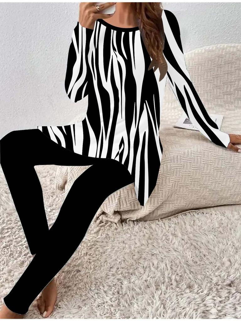 Евро-американская мода 3D Геометрический принт Женский Четырехсезонный Комплект из футболки с длинным рукавом + длинных брюк. Идеальный подарок на Новый год и Рождество