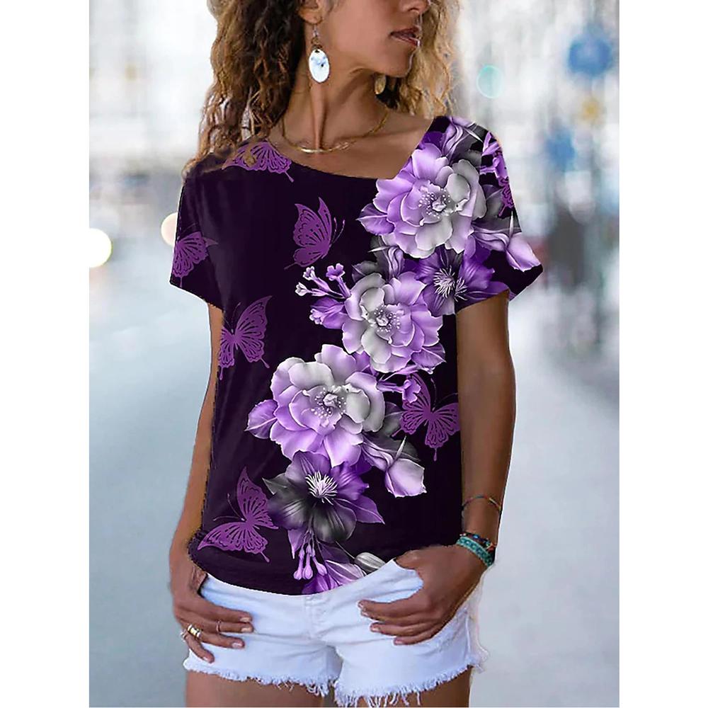Женские футболки с цветочным принтом Женская одежда Топы с короткими рукавами Толстовки с v-образным вырезом Уличная одежда Футболки большого размера Женская футболка