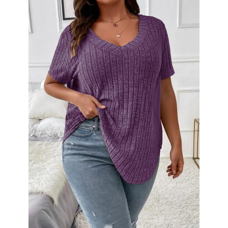 Womens Plus Size Solid Ribbed Knit Short Sleeve V Neck Curved Hem Blouse