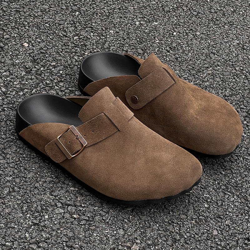 Мода Мода Замшевые Пробковые Тапочки для Мужчин Стелька Пробковые Сабо Сандалии с Поддержкой Свода Стопы Сабо Мюли Тапочки Для Отдыха Ходьба Мужской Полудраг