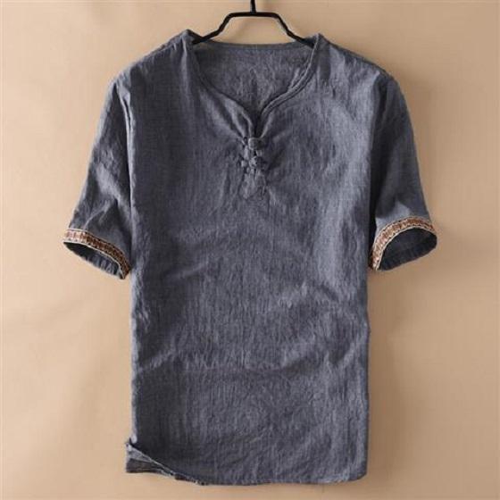 Футболка с короткими рукавами из искусственного льна с пряжкой в китайском стиле, тонкая повседневная мужская футболка из искусственного хлопка и льна со складками