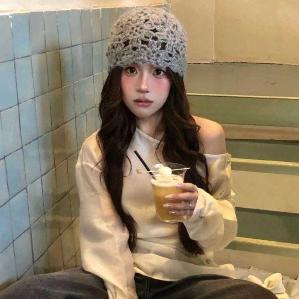 Solid Color Knitted Pullover Hat Handmade Beanies Cap Sweet Crochet Flower Hat Streetwear