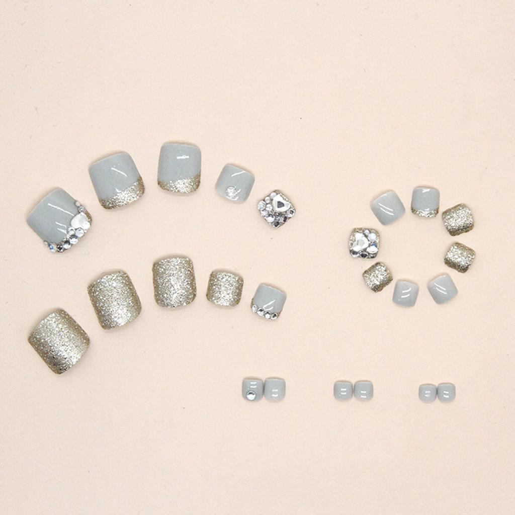 24Pcs Glossy Square Press On Toenails With Sparkly Diamond Design Shiny Fake Nails For Women Summer Pedicure Art