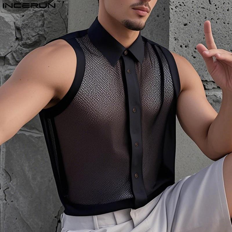 INCERUN Summer Men Lapel Sleeveless Mesh See Through Party Cropped Tank Tops