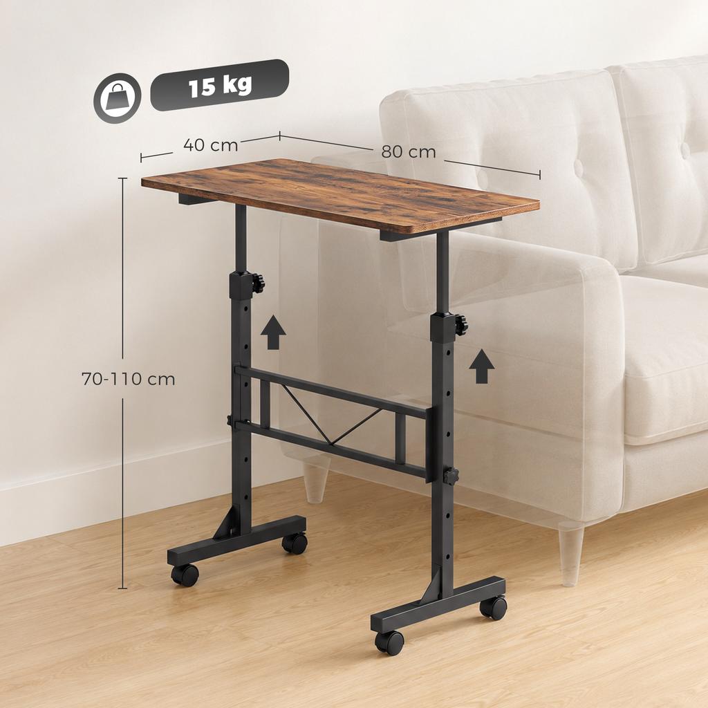 Overbed Table Adjustable Height Sofa Side Table with Wheels 80 x 40 cm Rustic Brown Black