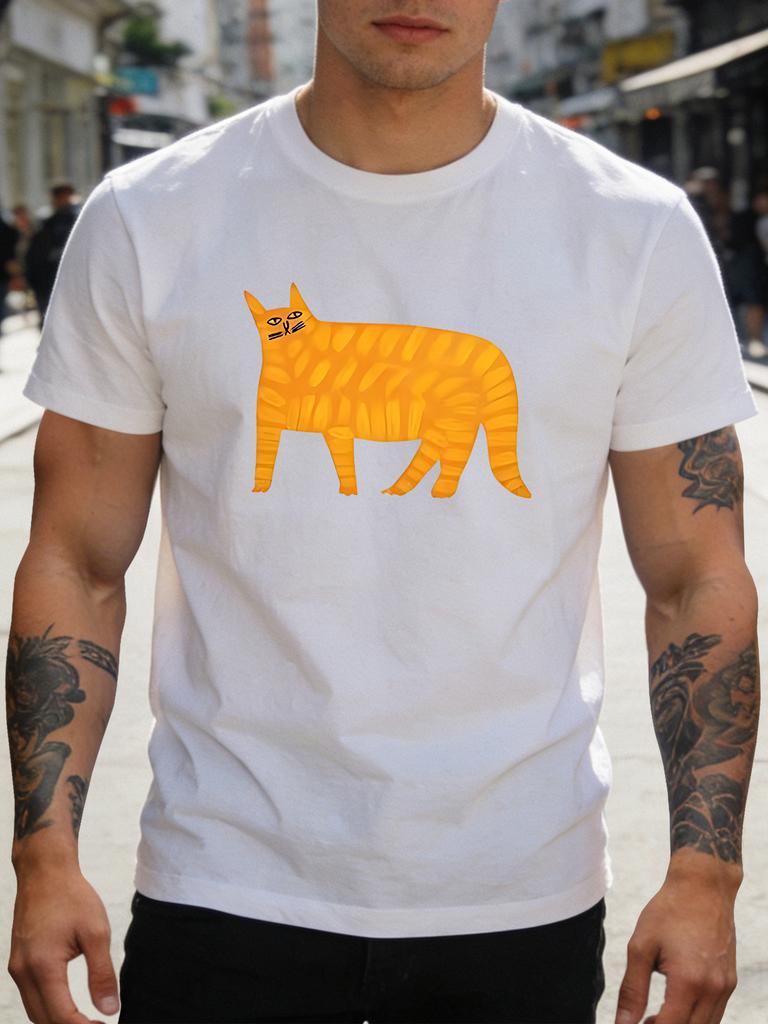 Unisex Navy Tee Abstract Orange Tabby Cat Art Print Short Sleeve Loose Casual Street Basic Top For Adult Male Daily Wear Outfit