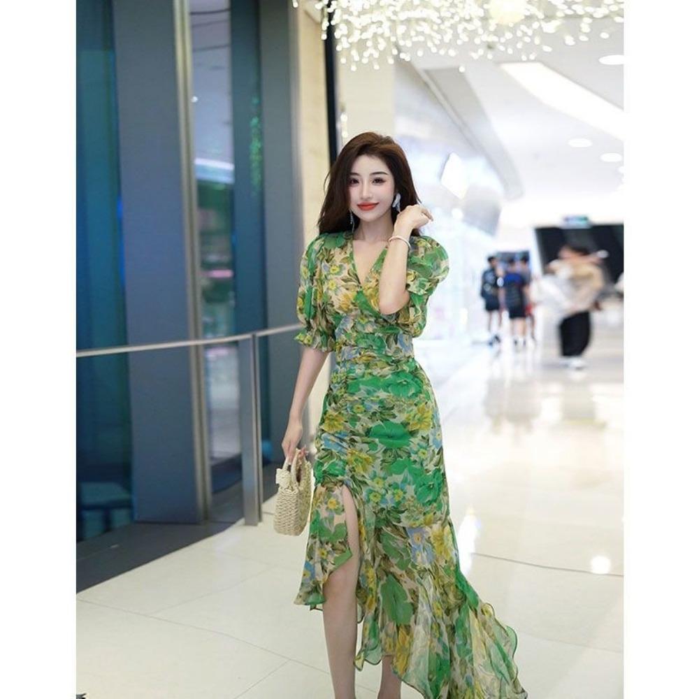 Новый летний модный стиль, облегающее талию платье, темно-зеленая юбка с принтом