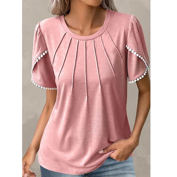 Women's Summer New Round Neck Solid Crimp Short Sleeve Lace Casual T-shirt