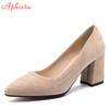 Fashion Aphixta 2025 New 7cm Chunky Heels Women Pumps Shoes Students And Mom Beige Suede Wedding Party Leisure Square Heels Plus Size