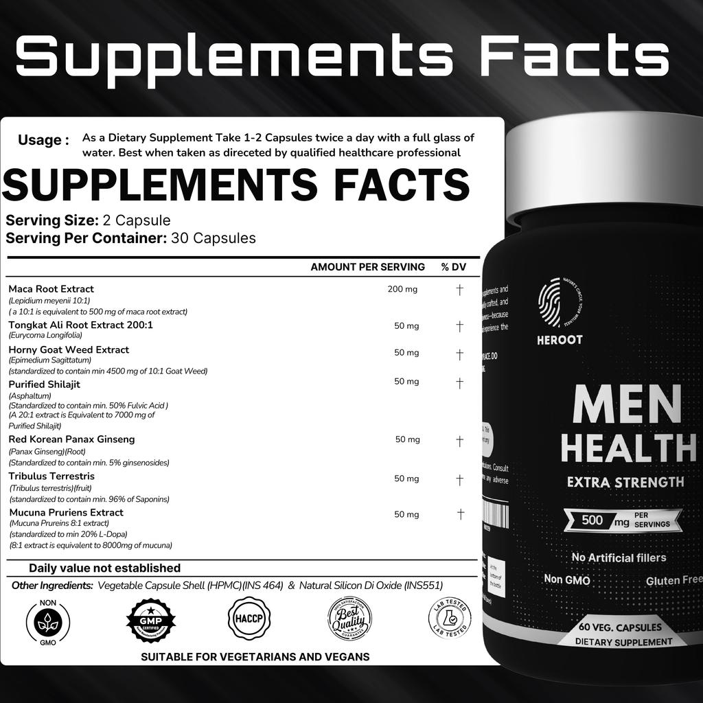 Heroot Men’s Health Capsules | Wellness Blend with Natural Botanicals | 60 Veg Capsules | Energy & Vitality Support
