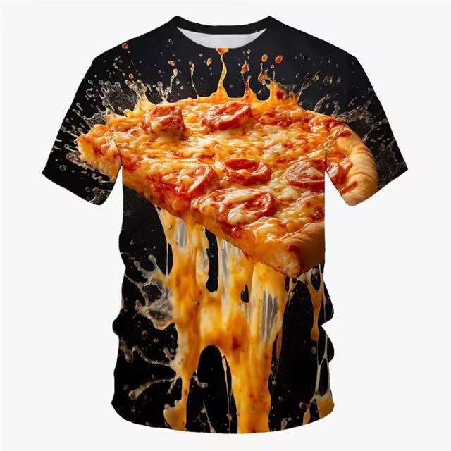 3D Printed Food Pizza T-shirt Men's Casual Summer Short Sleeved T-shirt Street Round Neck Versatile Top