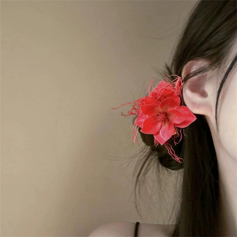 Summer Vacation Flower Duckbill Clip Dance Show White Floral Mesh Flower Hairpin Bridal Wedding Fairy Fringe Clip Girls Women