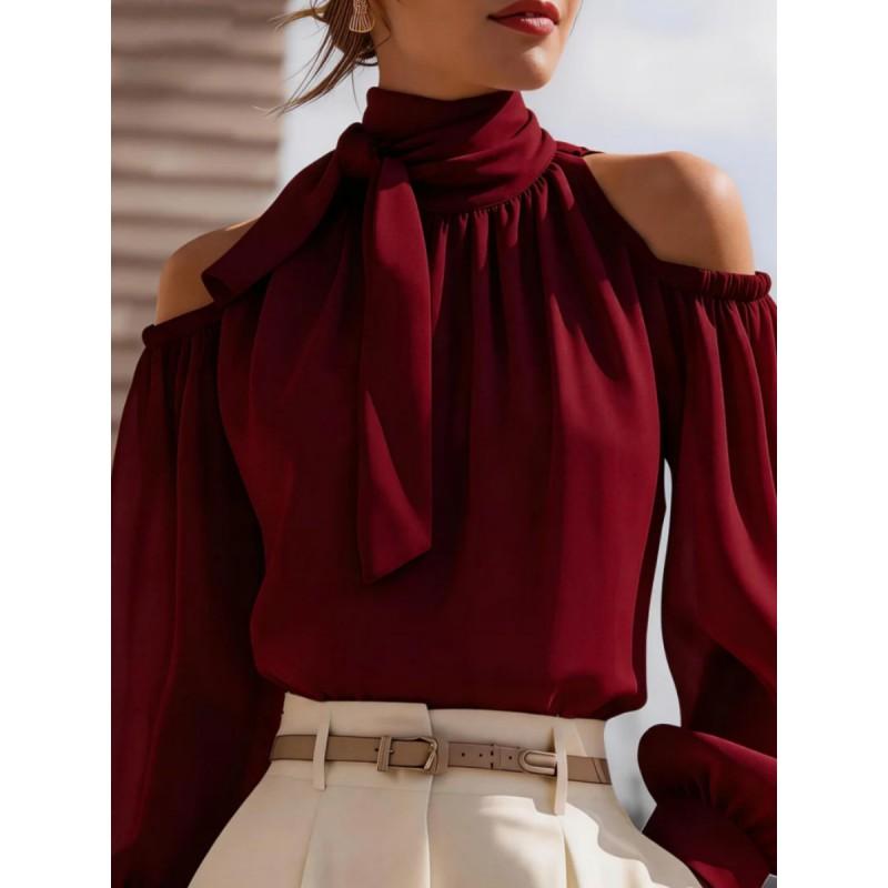 2026 Womens Stand Collar Blouse With Shoulder Cutout Puffed Sleeve Elegant Office Wear