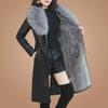 Women's Mid-Length Korean Style 2022 Slim Fit Leather Jacket with Large Fur Collar and Plush Lining